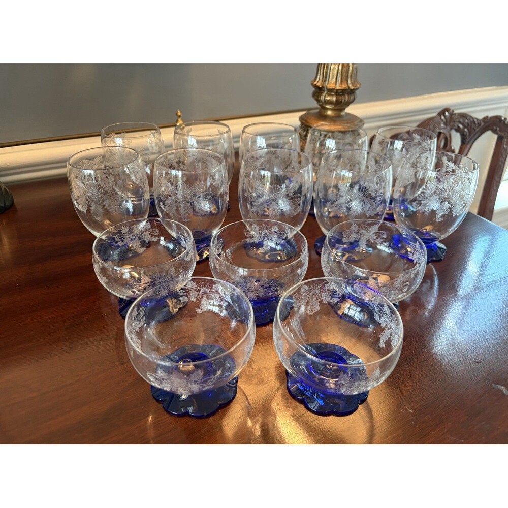 Vintage Etched Wine and Champagne Glasses with Cobalt Blue Scalloped Flower Base